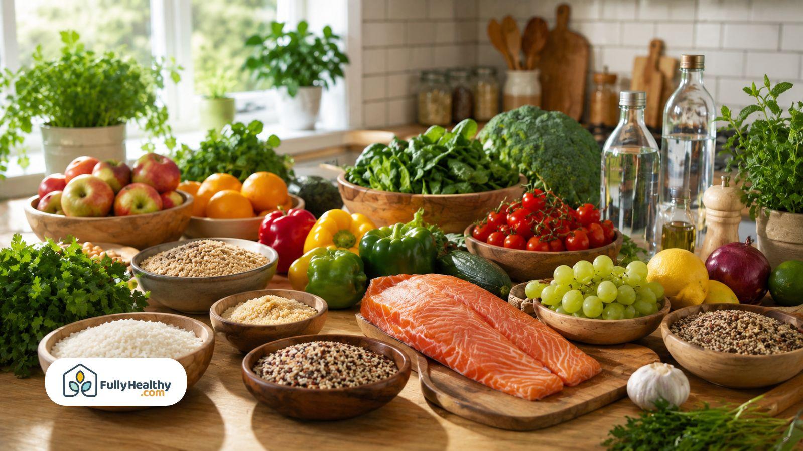 Fresh fruits vegetables grains and salmon arranged for kosher and halal meal planning