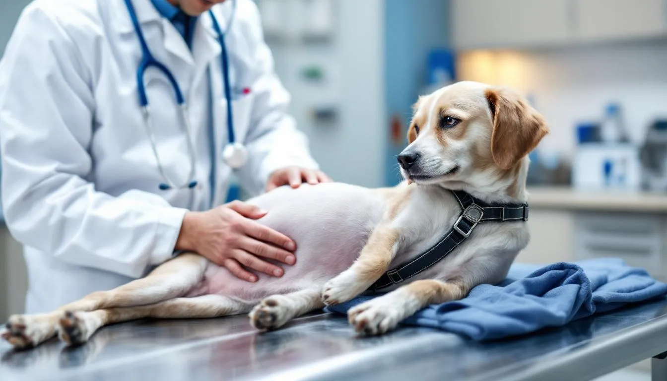 A veterinarian is examining a dog