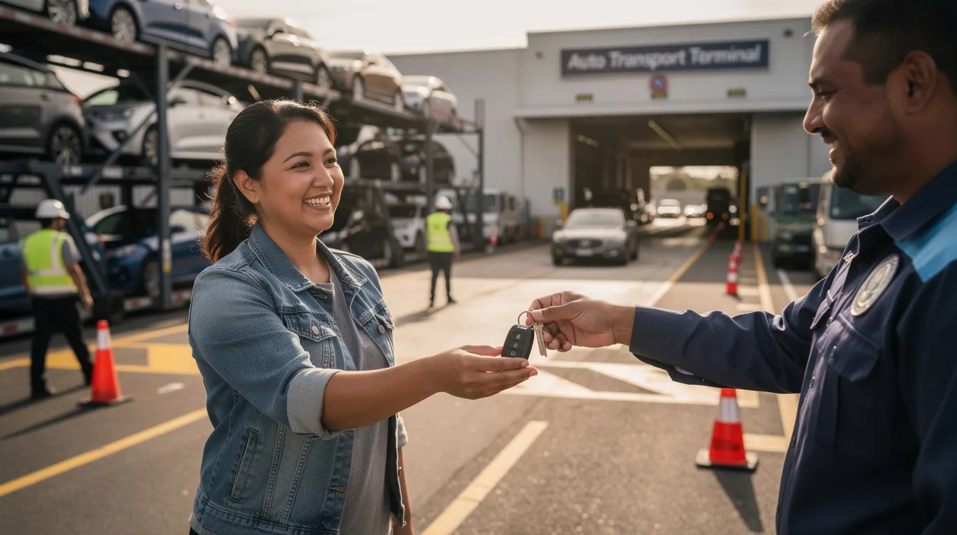 A joyful person is receiving car keys at an auto transport terminal, signifying the successful completion of terminal to terminal car shipping. The scene captures the excitement of the vehicle's arrival at the designated terminal, highlighting the efficiency of terminal shipping services.