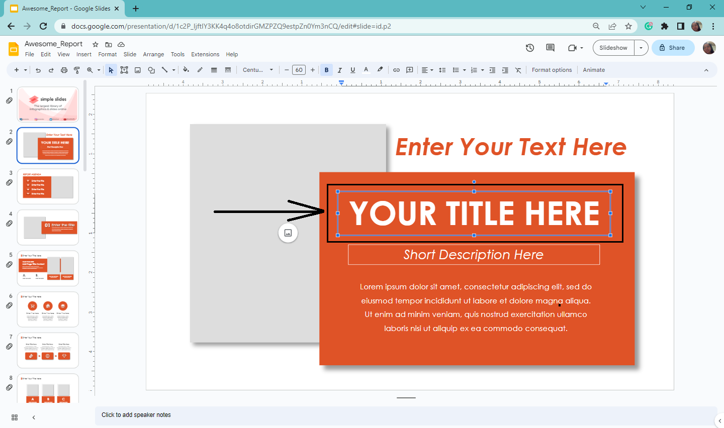 Select the text box on your slide deck.