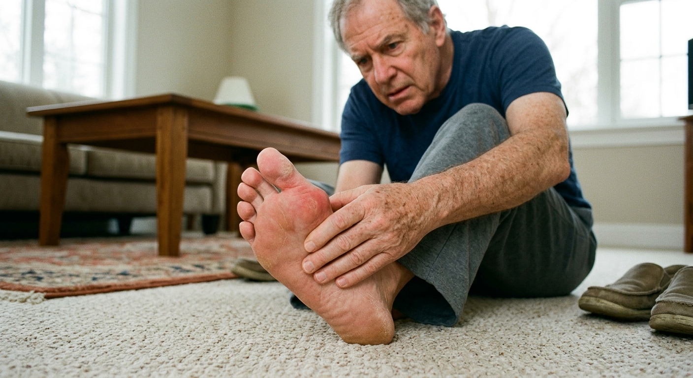 Man sitting on the floor examining a swollen, painful big toe joint at home