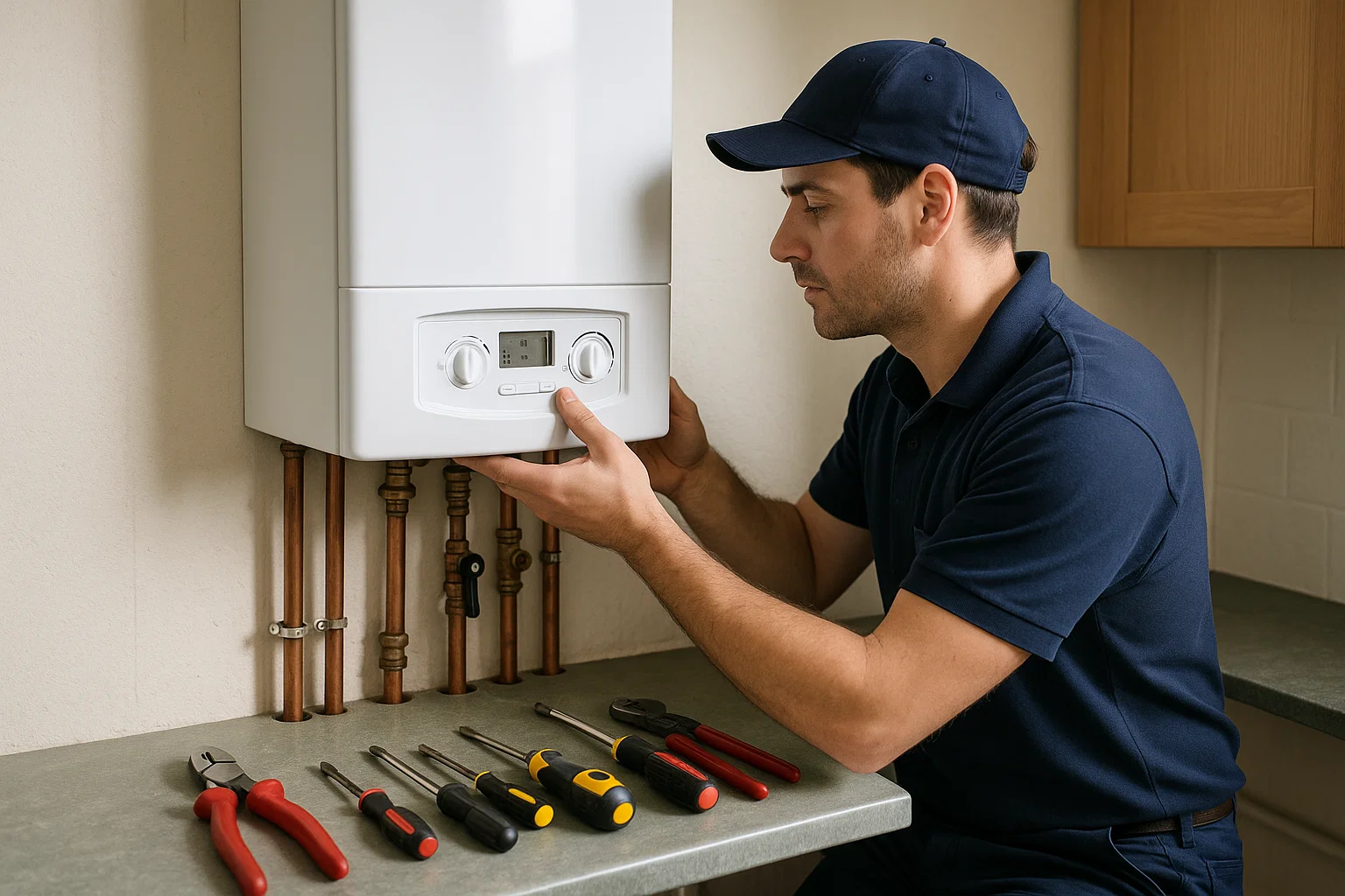 Gas Safe engineer installing a new combi boiler in a utility room.