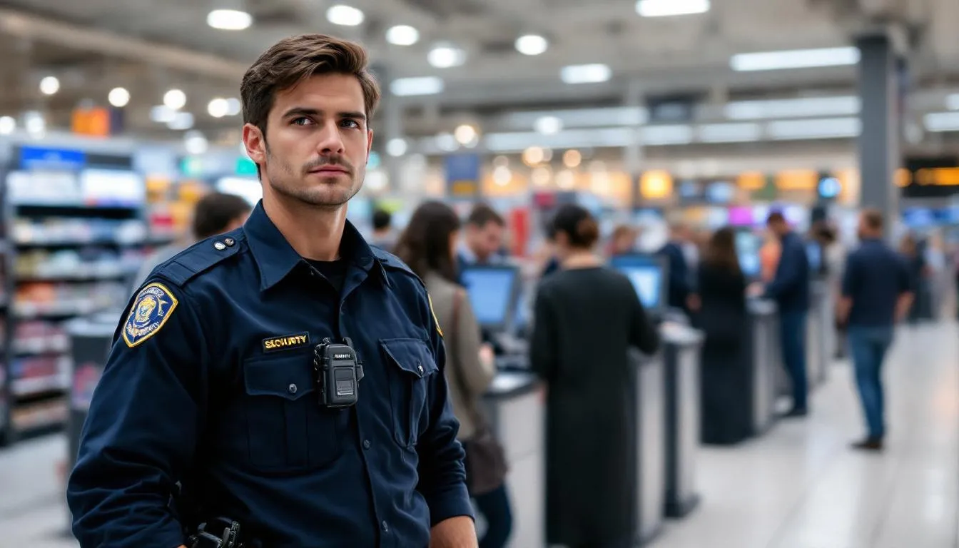 The image depicts retail store security personnel attentively monitoring customer activity near self-service checkout areas, highlighting the ongoing battle against retail theft in today's complex and sophisticated landscape. With rising concerns over organized retail crime and the impact on the retail industry, these security measures are crucial for protecting store associates and mitigating incidents of theft.
