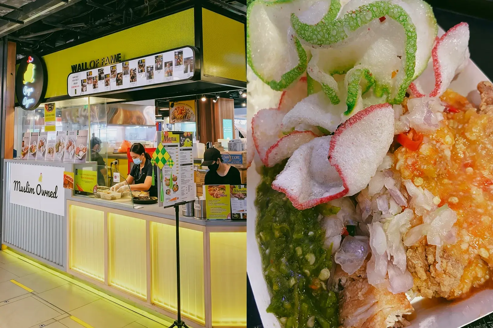 Left: An eye-level, three-quarter shot of a bright yellow mall food stall named Muslim Owned with staff in black uniforms working behind a glass counter. Right: A top-down, close-up shot of a plate of Indonesian ayam geprek, showcasing fried chicken topped with intense red and green chili sambal alongside crisp white and green crackers.