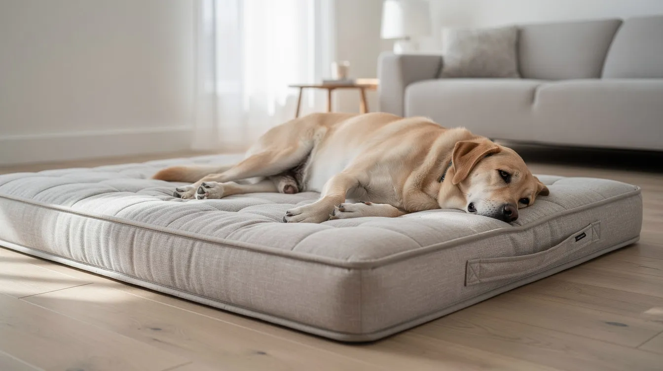 A large dog is comfortably resting on a neutral-colored, washable dog bed that seamlessly fits into a modern home decor. The mattress features a removable cover, making it easy to clean and maintain, ensuring a cozy spot for your canine companion to enjoy their sleep.