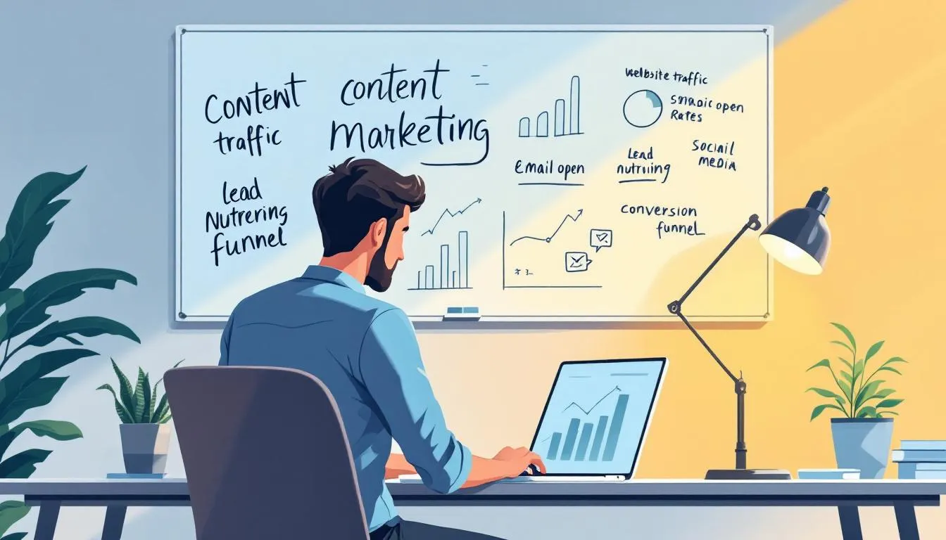 The image illustrates a digital marketing strategy focused on lead generation, showcasing various online marketing channels such as social media, email marketing, and content creation. It highlights the importance of nurturing potential customers through targeted marketing campaigns to drive website traffic and increase sales.