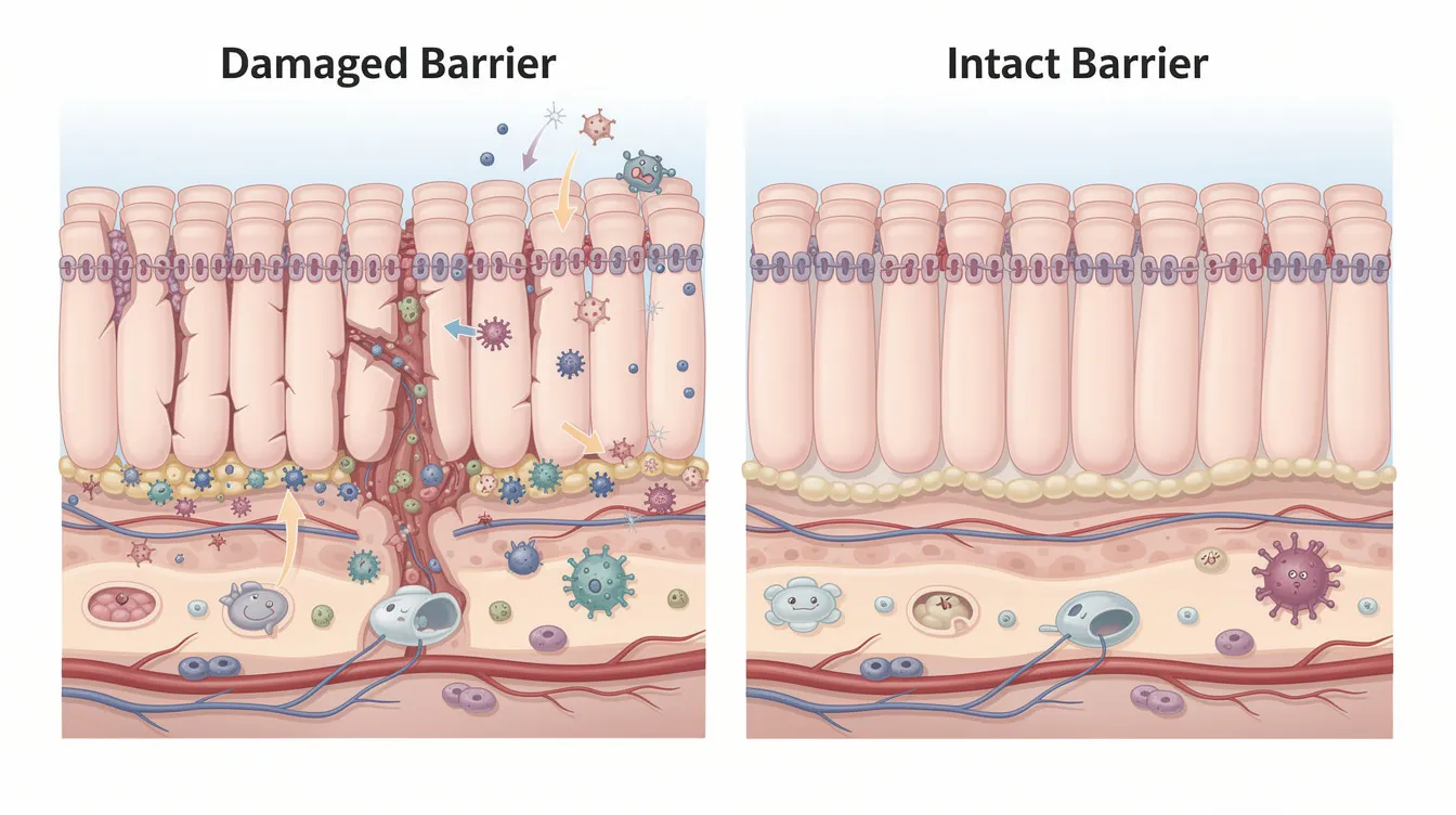 The image illustrates a comparison between a damaged intestinal barrier, which shows gaps between cells, and an intact barrier with tight junctions properly sealed. This visual representation highlights the importance of gut health and the role of beneficial bacteria in maintaining a healthy gastrointestinal tract.