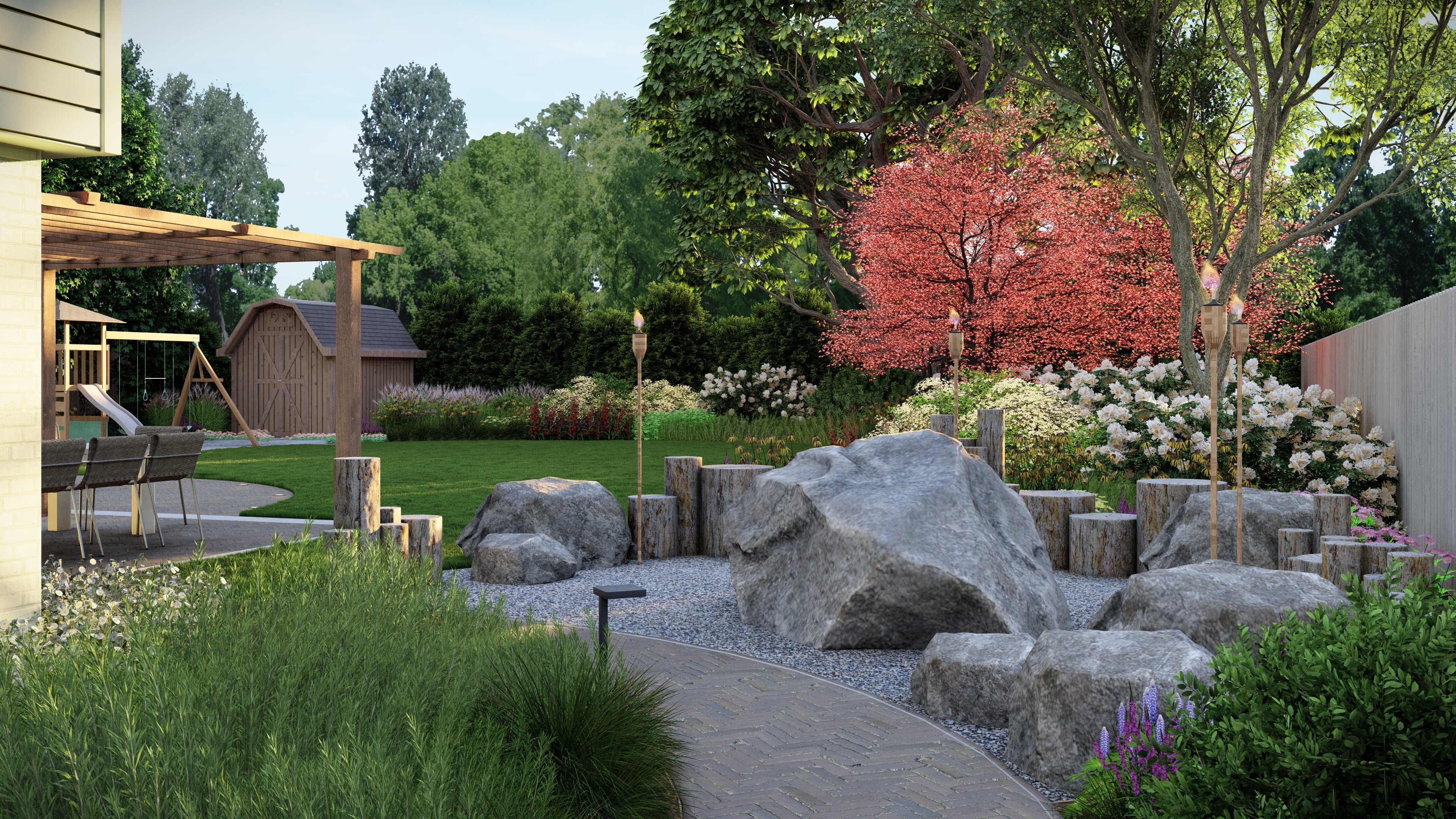 This yard is full of native plants that attract pollinators and a rock garden
