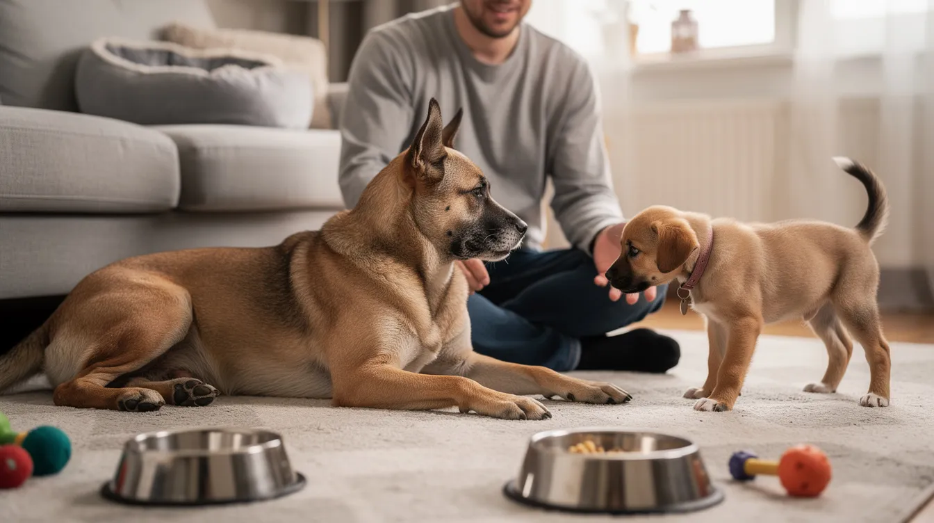 The image depicts a calm introduction process between a new puppy and an older dog in a neutral area, where both dogs are on leashes, showing positive body language. The scene emphasizes the importance of proper introductions, with the puppy play bowing and the older dog exhibiting relaxed behavior, highlighting their first meeting in a multi-dog household.