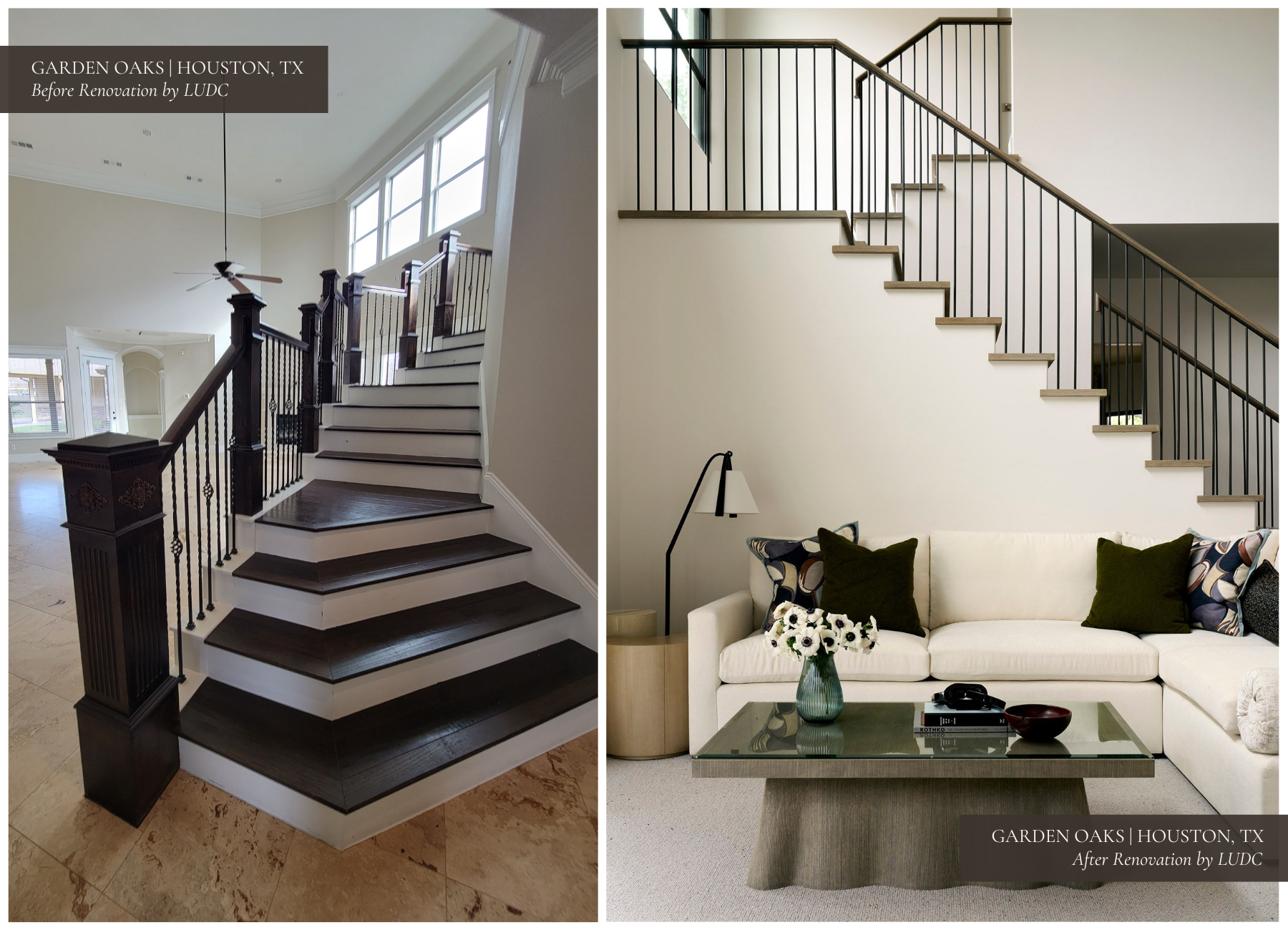 A spacious but outdated living room with dark tile floors, heavy drapery, and a dated staircase with ornate details on the left. On the right, a light and airy space.