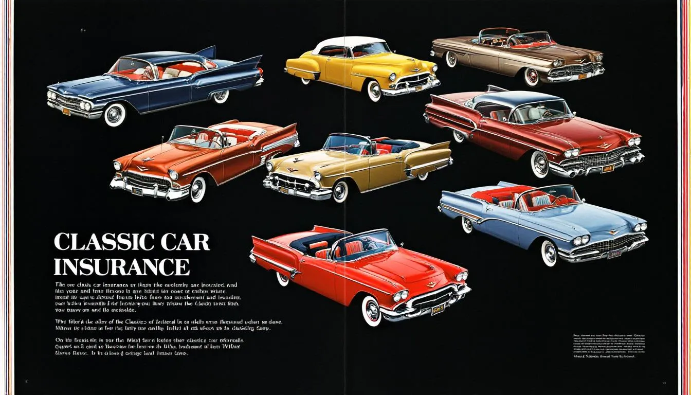 A collage of classic cars showing different models and their unique features, influencing insurance rates.