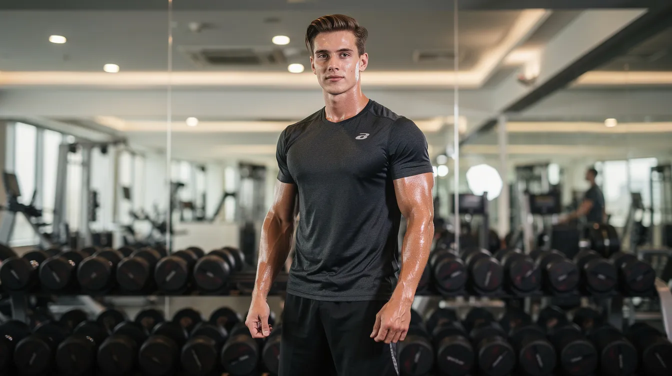 Ein junger Mann steht selbstbewusst in einem modernen Fitnessstudio vor einem Spiegel, während er Hanteln hält. Sein sportlicher Look und die Umgebung spiegeln den Lebensstil eines Fitness Influencers wider, der möglicherweise Inhalte für seine Fitness Videos erstellt.