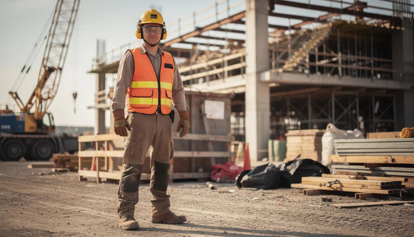 The image depicts a construction worker wearing a hard hat, safety goggles, and a reflective vest at a busy work site, emphasizing the importance of safety gear in preventing workplace injuries. This scene highlights the need for proper workers compensation benefits, including temporary disability benefits, in case of work-related injuries.