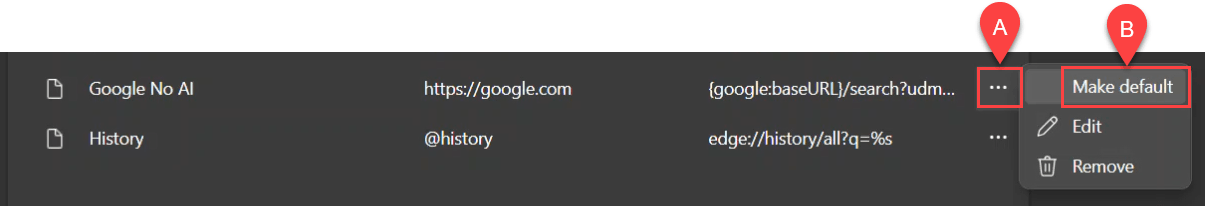 Screenshot of making a search engine the default choice in Microsoft Edge