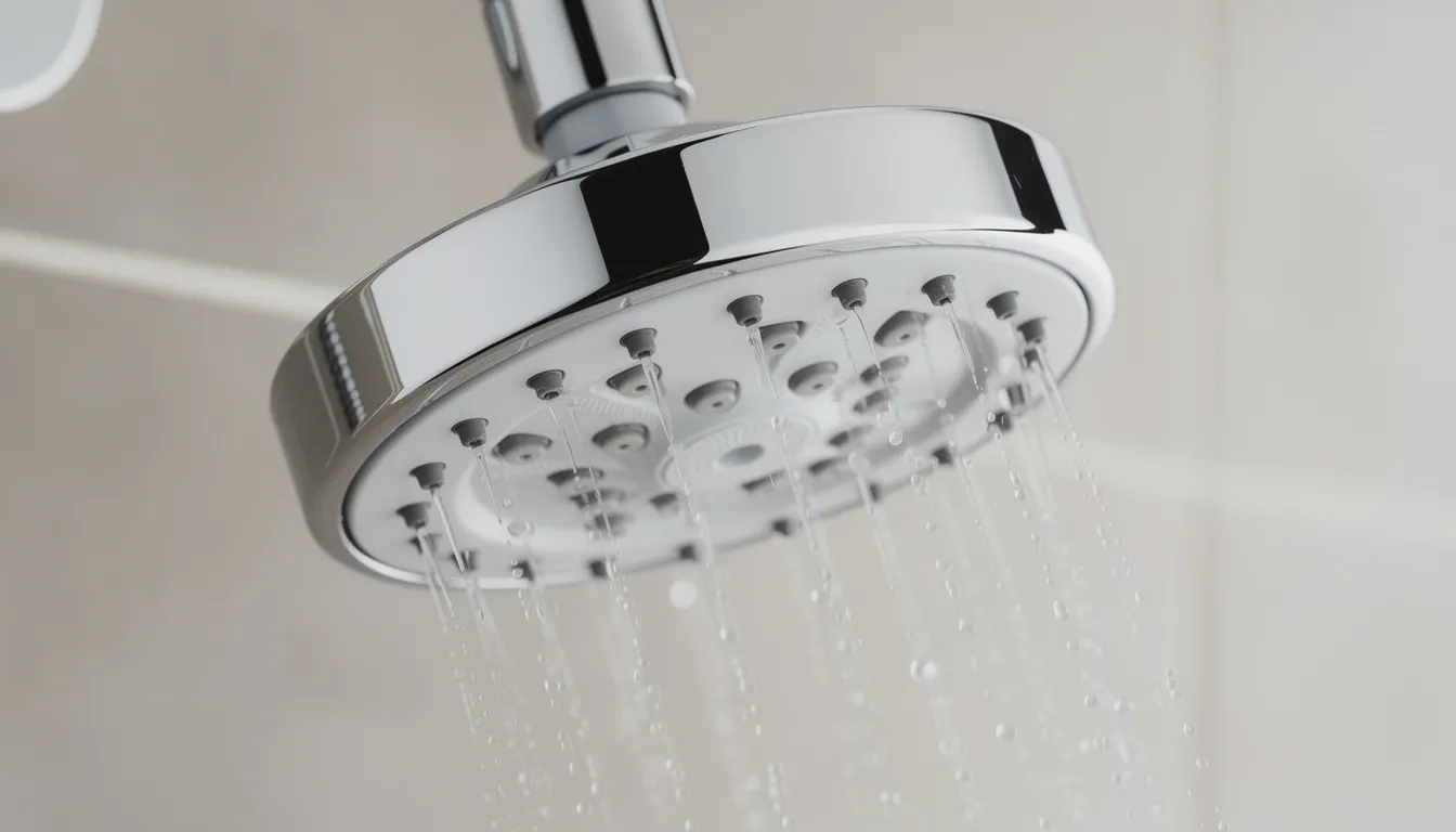 The image shows a close-up of a modern, chrome-finished water-saving showerhead, highlighting its sleek design and innovative features. This fixture is a perfect example of how bathroom renovations can incorporate stylish and efficient elements for a dream bathroom transformation.