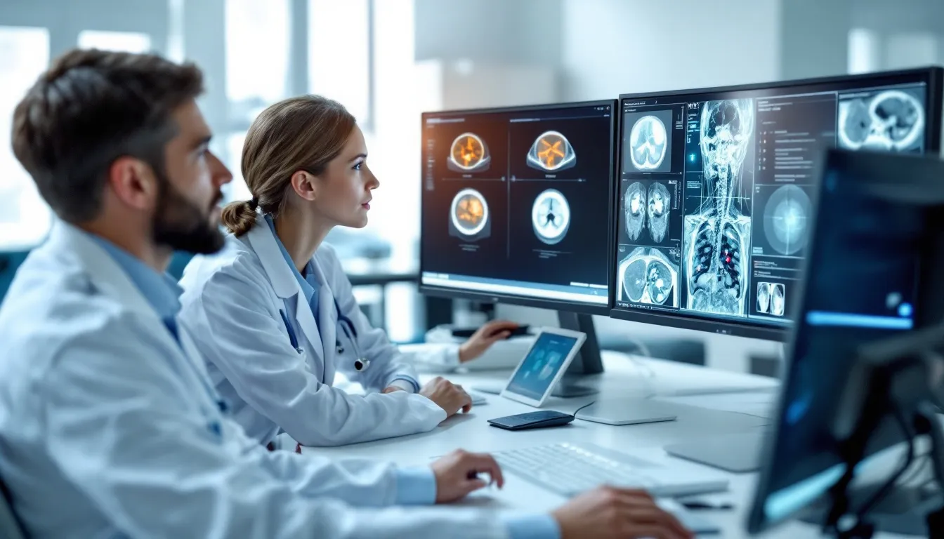 A group of healthcare professionals is gathered around advanced computer workstations, analyzing medical imaging data alongside AI analysis results. They are engaged in data analysis and visualization to improve patient outcomes and enhance healthcare delivery through effective data-driven decision-making.