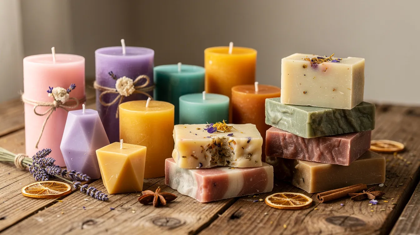 The image features a vibrant display of colorful handmade candles in various shapes alongside fragrant scented soaps, all beautifully arranged on a rustic wooden table. This setup could inspire small business owners looking for low-cost business ideas in the handmade goods market.