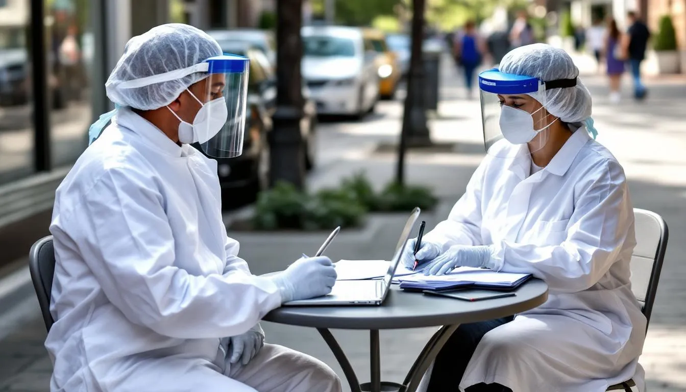 The image depicts public health workers wearing protective equipment as they conduct contact tracing interviews to prevent the spread of communicable diseases. They are engaging with individuals to identify potential exposure to infectious agents and reduce the risk of further outbreaks.