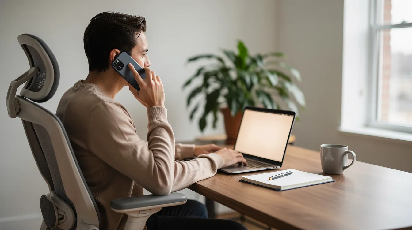 A person is engaged in a phone consultation at their home office desk, discussing strategies for investing in physical precious metals, such as gold and silver coins, to enhance their retirement savings through a gold IRA. The environment suggests a focus on financial planning and informed decision-making in the precious metals market.