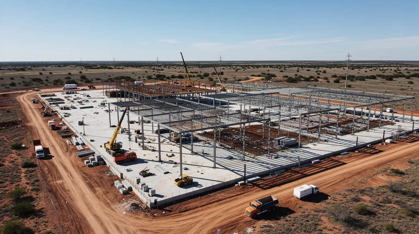 An aerial view showcases a large commercial construction site in Texas, featuring steel framing and concrete foundations, indicative of a significant construction project. The image highlights the scale of the work being undertaken, reflecting the complexities and potential risks involved in managing construction contracts and ensuring regulatory compliance for successful outcomes.