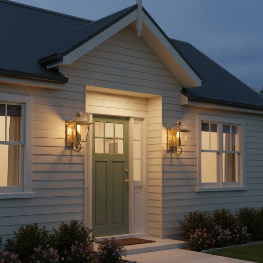 Country cottage entrance with warm wall lantern lights on either side of the front door.