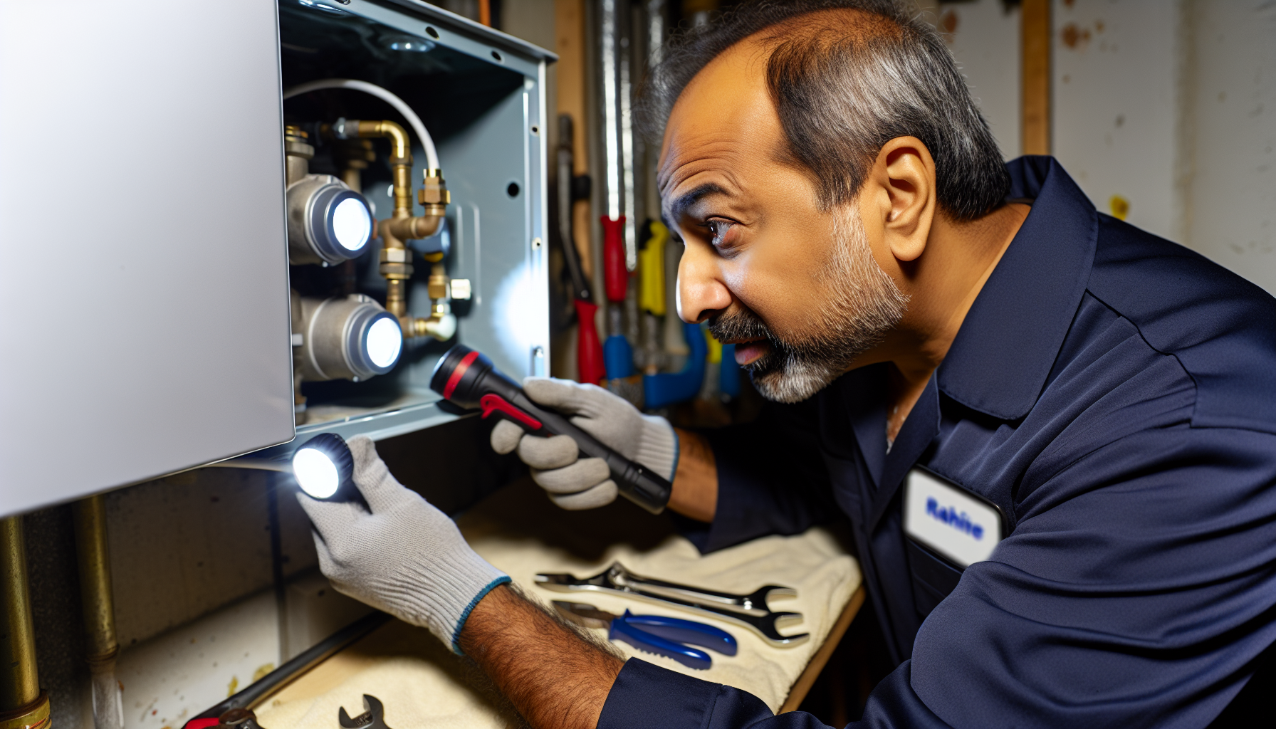 Plumber examining a hot water system