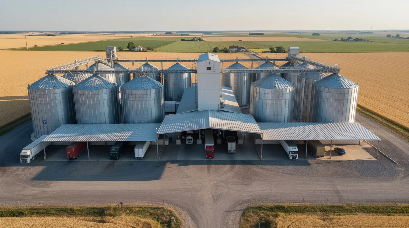 An aerial view of a large industrial grain processing complex showcases metal silos and conveyor systems, surrounded by a rural landscape, indicative of a soybean oil processing plant. The facility features truck loading bays, essential for the oil extraction and refining processes that contribute to the global soybean oil market.