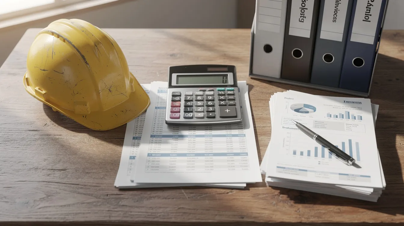 The image depicts an accounting desk featuring a calculator, a construction hard hat, and neatly organized file folders, suggesting a workspace focused on managing business-related expenses, including meal expenses and entertainment costs. This setting indicates preparation for a business meeting or a review of financial documents related to tax deductions for meals and entertainment.