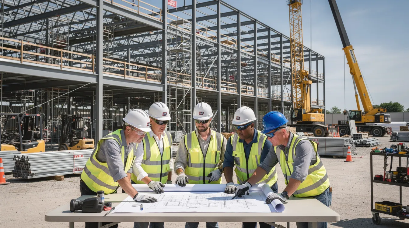 A group of construction workers is gathered at a large commercial job site, intently reviewing blueprints while steel framing and construction equipment are visible in the background. This scene highlights the importance of effective contract risk management and compliance with contractual obligations to minimize potential risks and delays in the construction process.