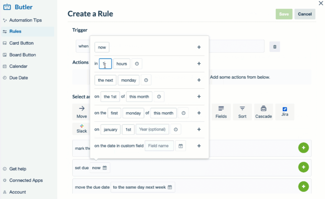 A screenshot of Trello's Butler, one of many examples of built-in workflow automation tools.