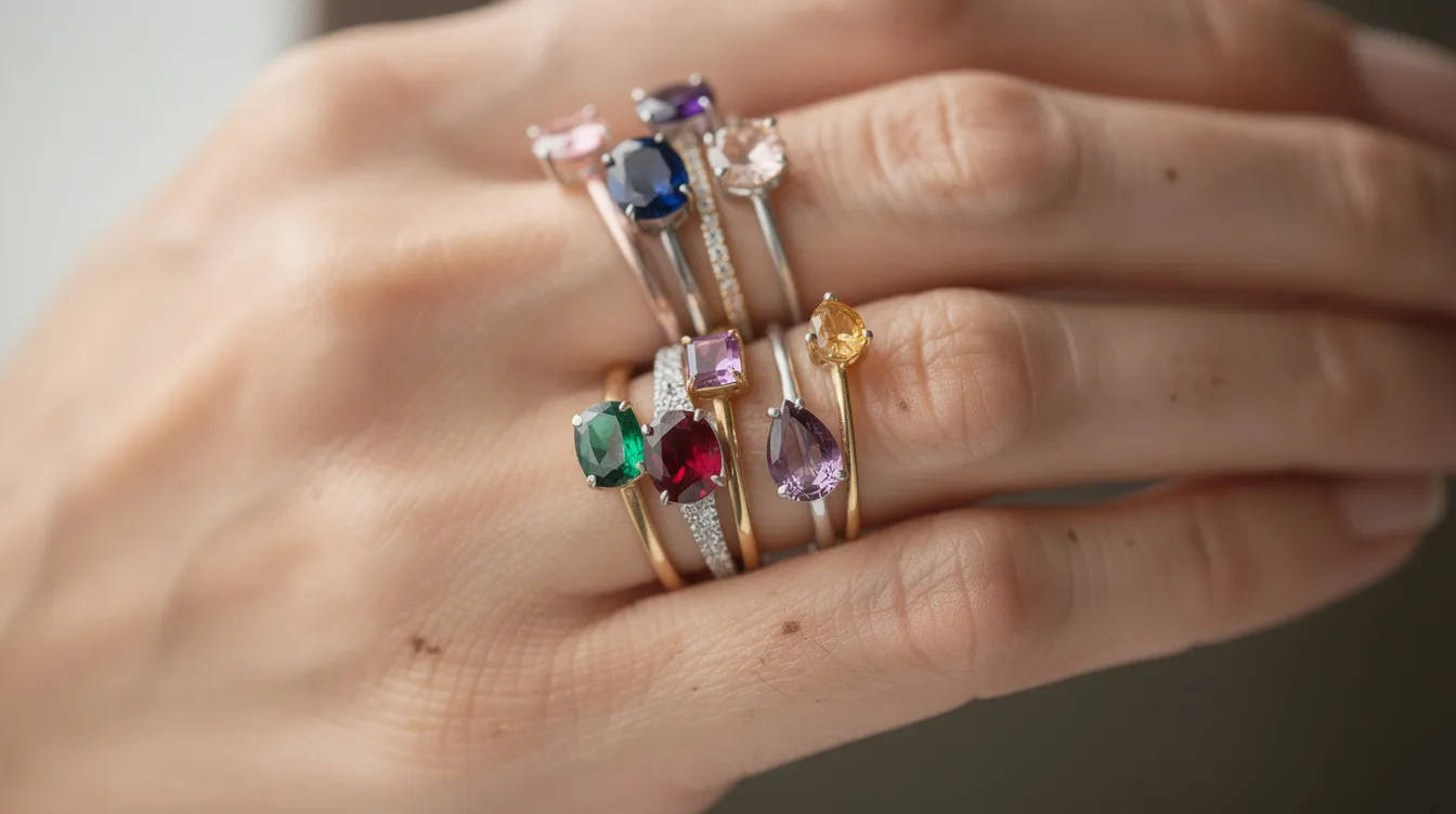 A collection of stacked rings featuring various colored gemstones adorns the fingers, showcasing a spectrum of hues that include the vibrant blue of sapphires, the rich red of rubies, and the soft purple of amethyst, representing different birthstones. This exquisite birthstone jewellery highlights the timeless beauty and unique meanings associated with each stone, making it a thoughtful gift for loved ones.