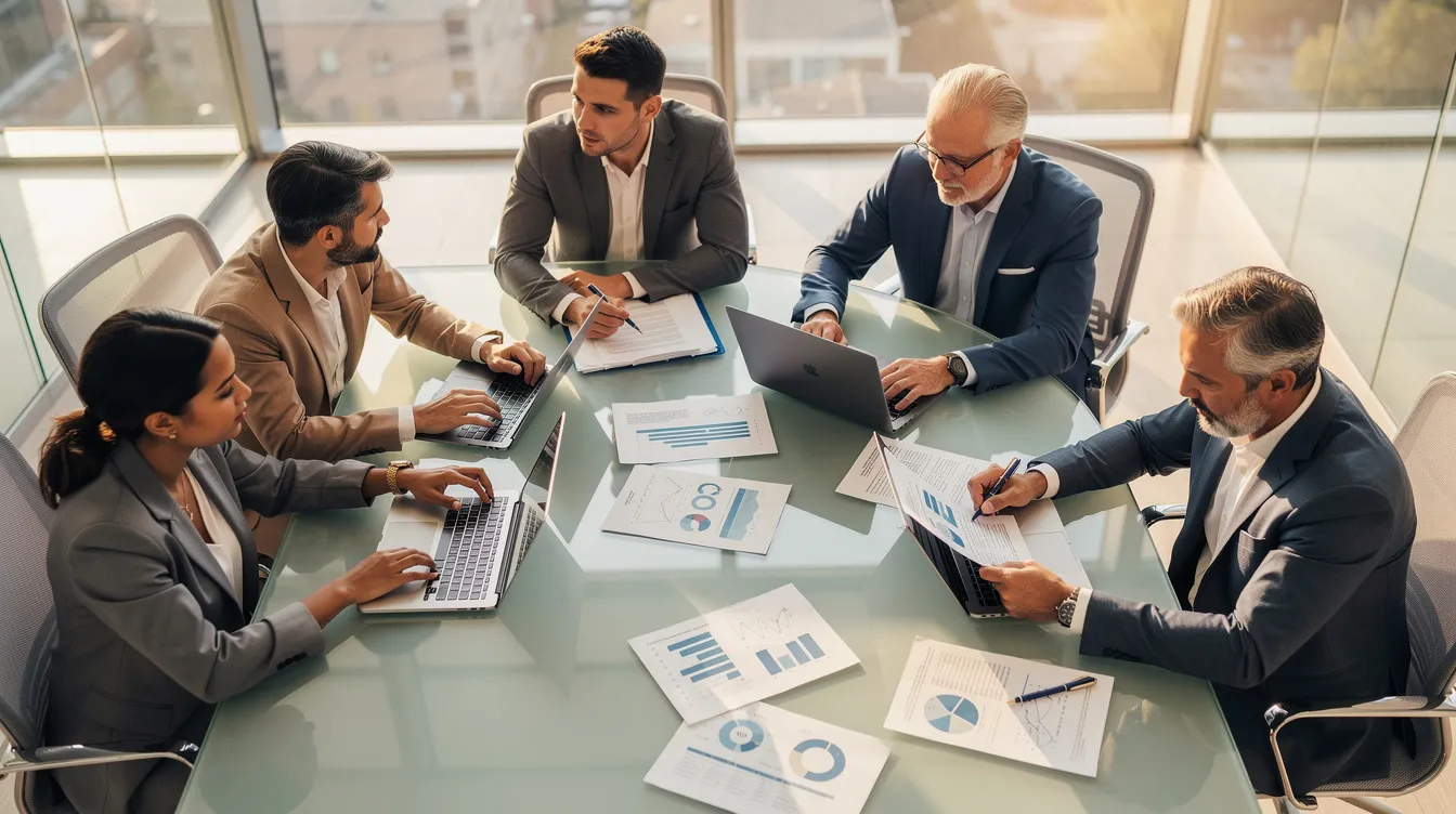 A diverse team is gathered around a conference table, engaged in discussions while reviewing documents and laptops, likely focusing on the vendor risk management process and assessing vendor performance. This collaborative environment suggests an emphasis on effective vendor risk management strategies to mitigate operational risks and ensure business continuity.