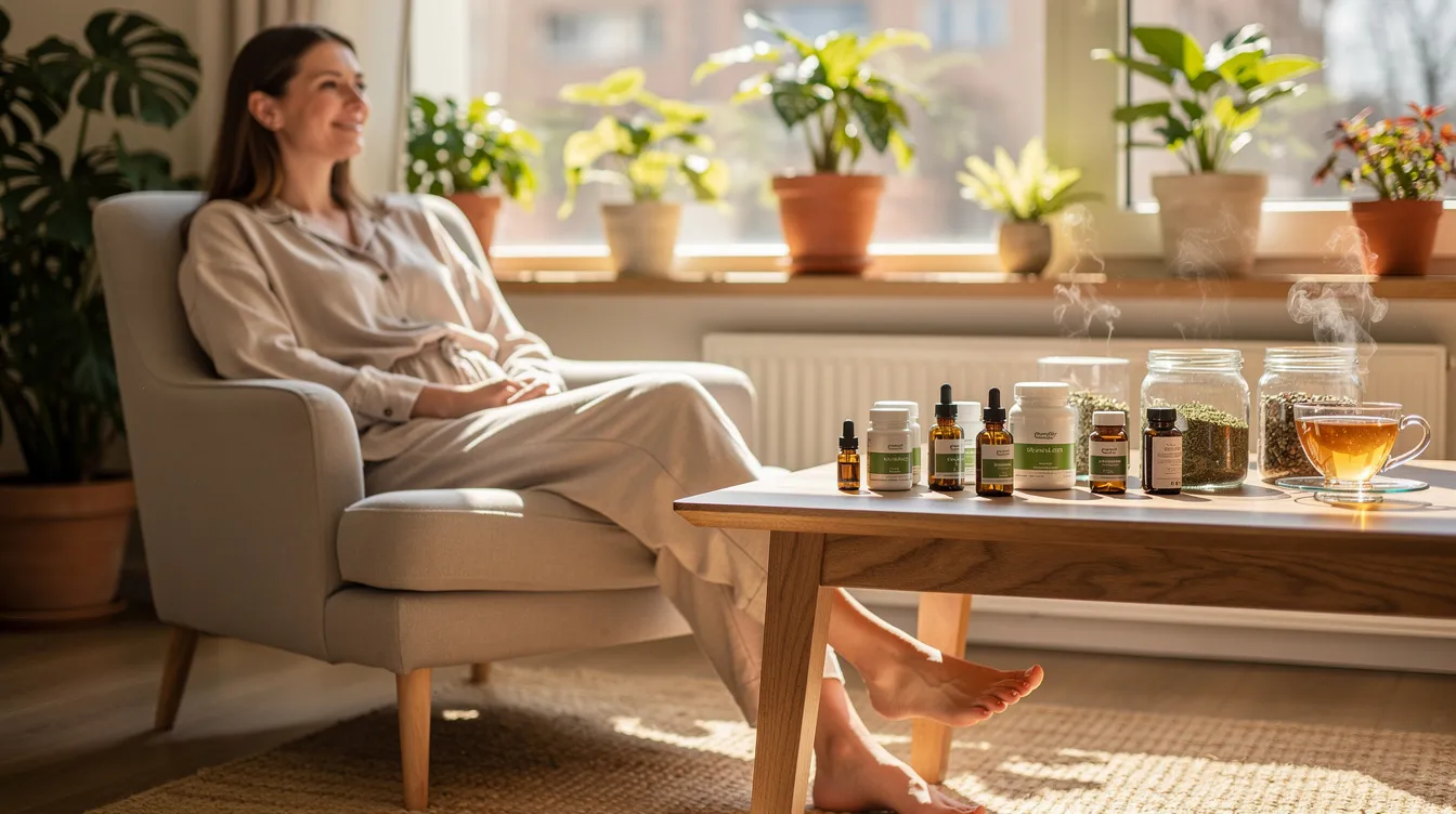 A woman is peacefully relaxing in a sunlit room filled with lush green plants, while a wooden table nearby displays various herbal supplements aimed at boosting libido and enhancing sexual health. This serene setting suggests a focus on wellness and natural remedies for sexual concerns, particularly for women experiencing low sexual desire or menopausal symptoms.