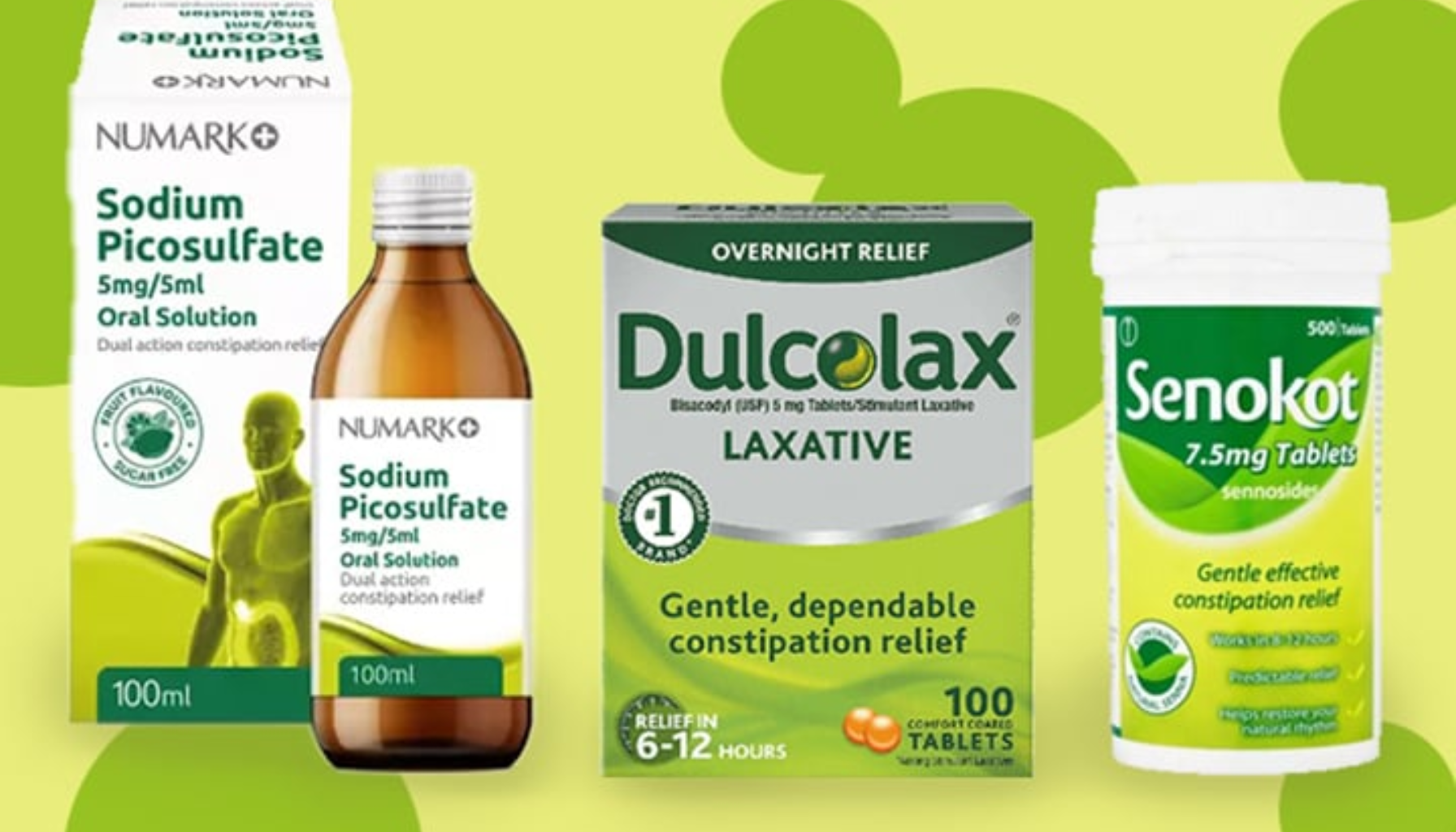 Ulike avføringsmidler mot forstoppelse: Sodium Picosulfate, Dulcolax og Senokot."