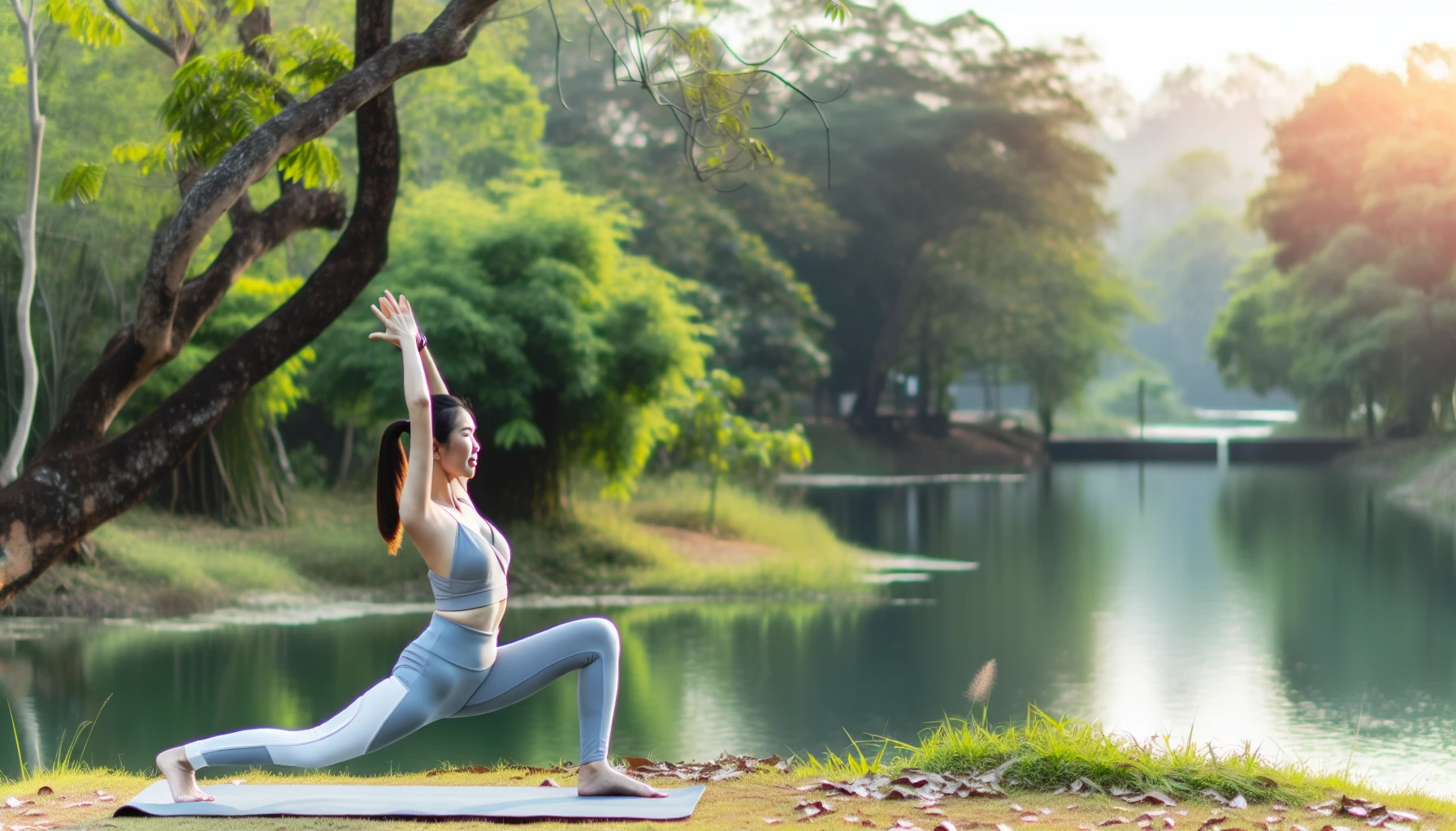 A person practicing yoga in a serene outdoor setting, representing health and wellness benefits in employee packages.