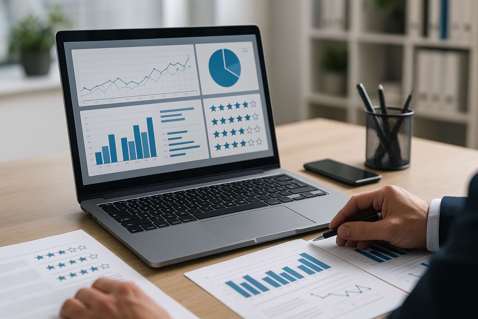 Professional business monitoring and review analytics in modern office with charts and performance dashboards on laptop.