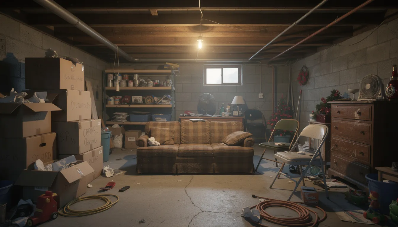 The image depicts a cluttered basement filled with boxes, old furniture, and various miscellaneous items creating a chaotic environment. This space highlights the need for professional junk removal services and basement cleanout services to efficiently reclaim and tidy up the area, ensuring proper disposal of unwanted items while addressing safety concerns.
