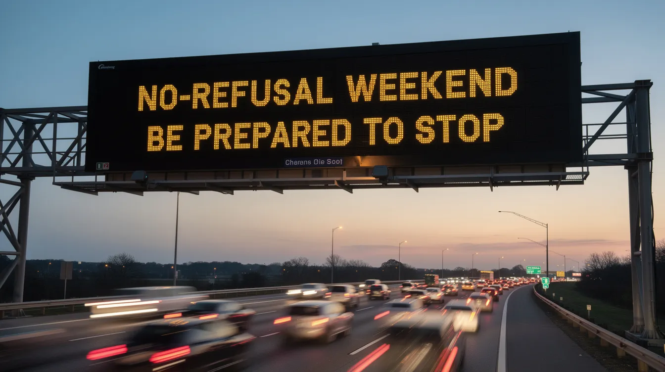 The image depicts a highway road sign displaying the message "No-Refusal Weekend" followed by "be prepared to stop," serving as a warning to drivers about increased enforcement related to DWI laws. This sign emphasizes the importance of being aware of breath tests and the potential consequences of driving under the influence of alcohol or drugs.