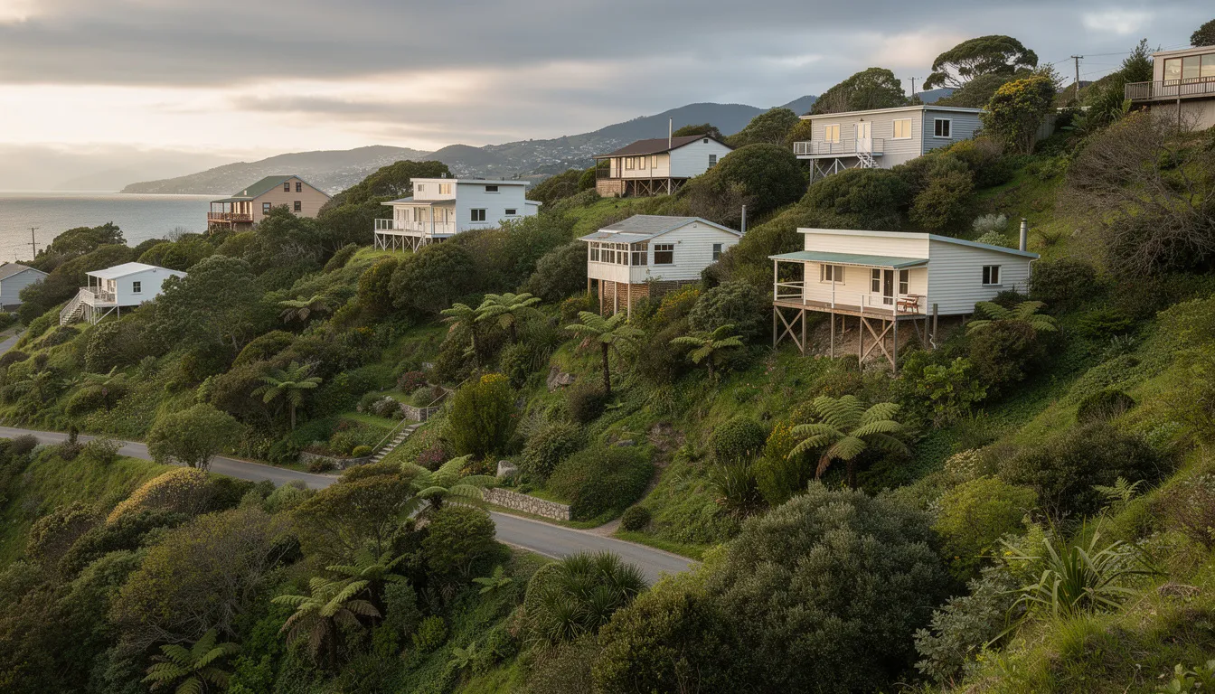 The image depicts hillside houses in Wellington, showcasing the steep terrain and lush native bush surrounding them. This scene highlights the unique challenges of building work in such an environment, emphasizing the importance of obtaining necessary consent from the Wellington City Council to ensure compliance with local building regulations and the New Zealand building code.