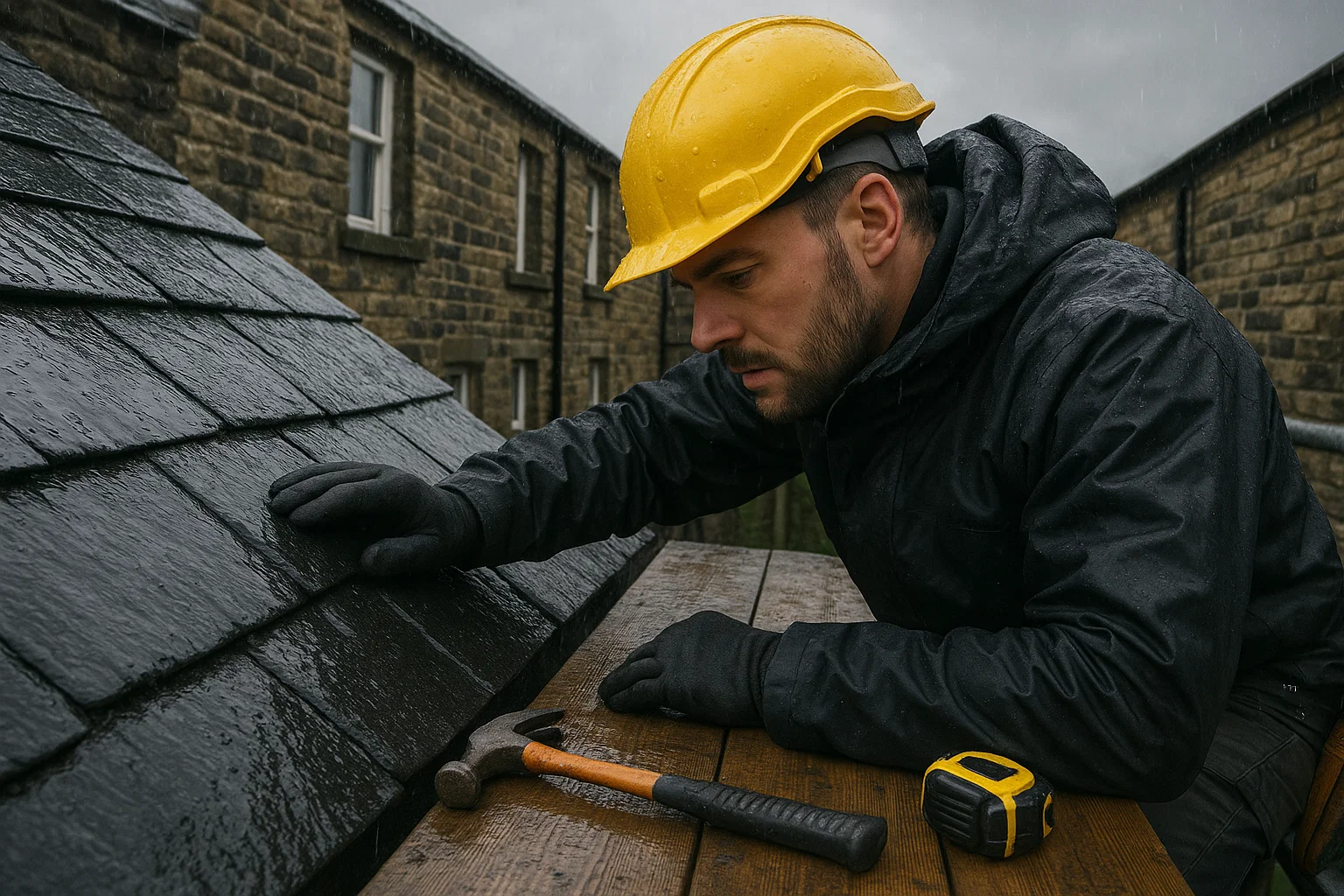 Roofer inspecting wet slate roof in Halifax under rainy skies