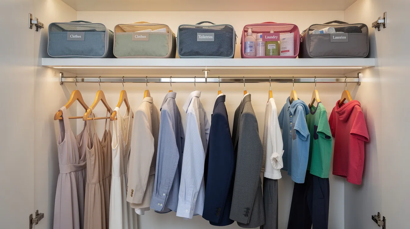 The image depicts a hotel closet rod with neatly hung clothes organized by person, complemented by packing cubes neatly arranged on the shelf above, showcasing an effective way to keep a hotel room tidy during an extended stay. This organized setup helps to store clothing and other essentials, making it easier to maintain order in a small hotel room.