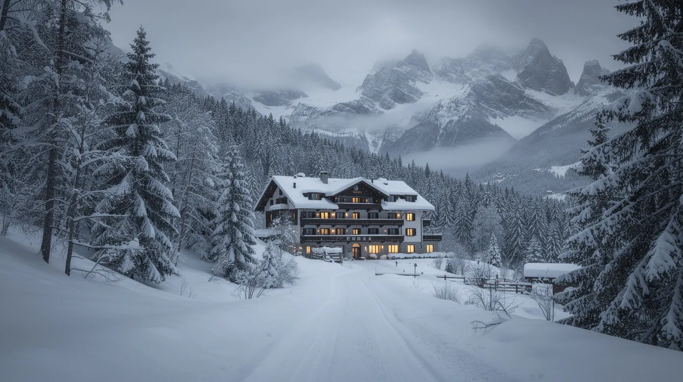 Das Bild zeigt ein abgelegenes Berghotel, umgeben von dichten Nadelwäldern und schneebedeckten Gipfeln unter einem grauen Winterhimmel, das eine kühle, blaue Farbstimmung ausstrahlt. Diese Szenerie erinnert an das berühmte Overlook Hotel aus "The Shining", das von Stephen King inspiriert wurde.
