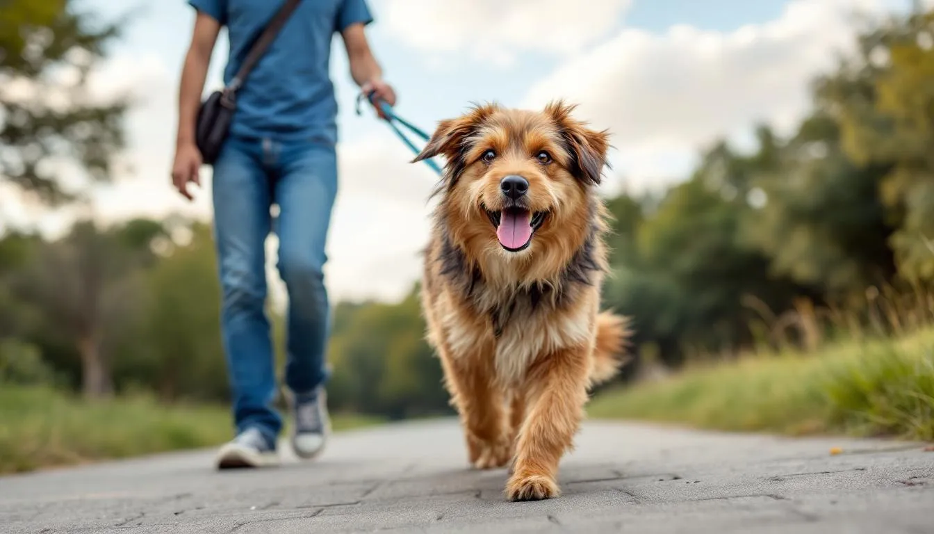 An adult mixed breed dog walks happily alongside its owner on a sunny day, showcasing the bond between pet parents and their furry companions. The dog