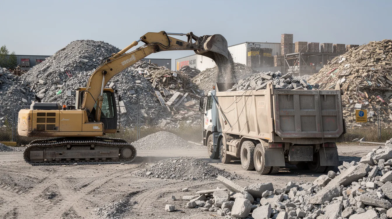 An excavator is loading crushed concrete aggregate into a dump truck at a recycling yard, highlighting the process of managing construction and demolition waste. This scene emphasizes sustainable materials management and the recycling of demolition debris generated from construction sites.