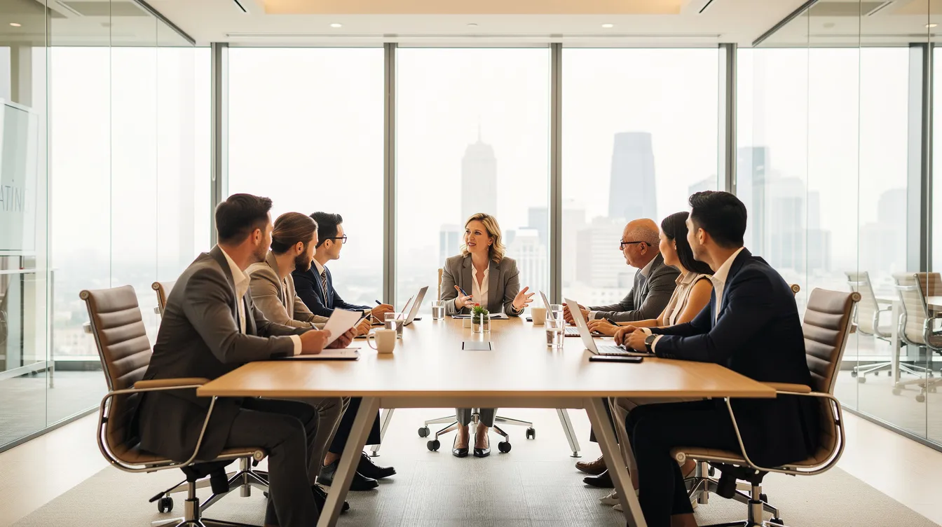 L'image montre une équipe commerciale réunie autour d'une table moderne dans un bureau lumineux, discutant des stratégies de vente pour améliorer la performance et le chiffre d'affaires. Les membres de l'équipe semblent engagés et motivés, illustrant l'importance du coaching commercial et du développement des compétences.
