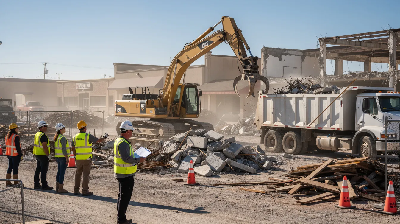 A wide shot of a commercial demolition site in Oklahoma City features a heavy excavator loading crushed concrete and timber into an end-dump tractor-trailer. A professional work crew in high-visibility vests and hardhats stands safely at a distance, reviewing plans for the pool removal project, highlighting the use of heavy machinery and debris disposal in the demolition process.