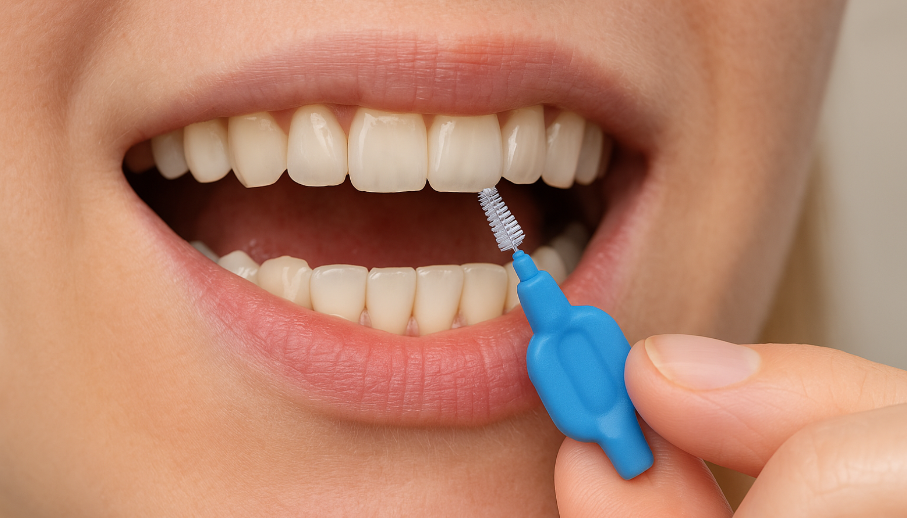 Rengjøringsbørste for tenner: Liten børste stor forskjell 9 Nærbilde av tann mellomromsbørste som rengjør mellom tennene for bedre munnhygiene og sunnere tannkjøtt.