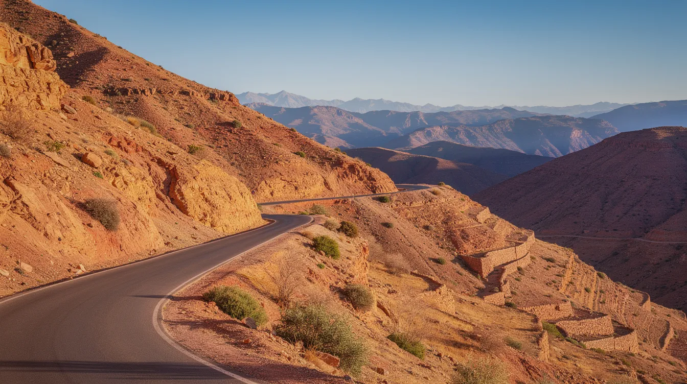 Une route marocaine sinueuse serpente à travers des paysages montagneux majestueux, sous un ciel dégagé. Ce panorama évoque un voyage inoubliable au Maroc, idéal pour ceux qui envisagent une location de voiture pour explorer des destinations comme Marrakech ou Ouarzazate.