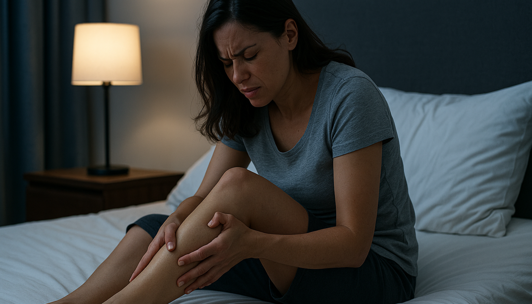 Kvinne sitter på sengekanten om natten og holder leggen i ubehag fra rastløse bein.