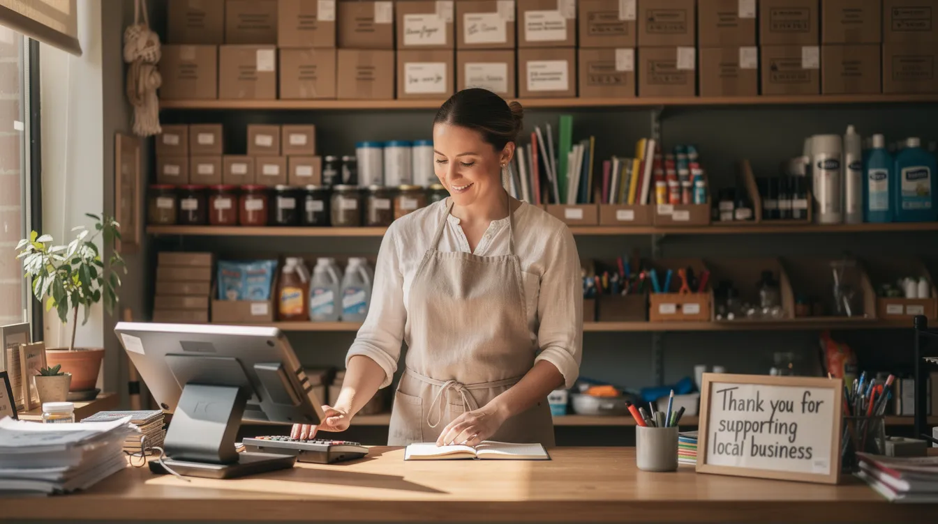 The image shows a small business owner working diligently behind a shop counter, surrounded by shelves filled with various supplies. This scene reflects the essence of small and micro businesses, which can benefit from financial assistance through the Pradhan Mantri Mudra Yojana, offering loans to support their growth and working capital needs.